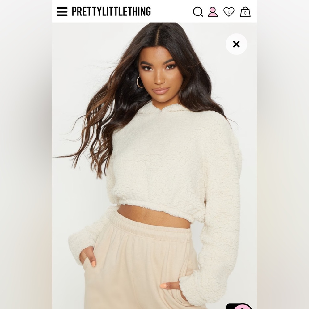 PrettyLittleThing cropped fluffy hoodie. Cream color. Great condition.